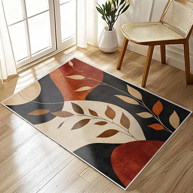 2x3 Entryway Rugs Machine Washable Boho Area Rug Vintage Black Brown Leaf Modern Abstract Rug Non-Slip Low Pile Door Mat Entrance Small Carpet for Home Kitchen Bathroom Bedroom