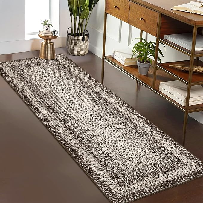 Imitation Braided Collection-Print Long Hallway Runners 2x10 Washable Area Rug, Farmhouse Rustic Bordered Area Rug Non Slip Soft Low Pile Indoor Carpet Runners for Entryways, Laundry Room