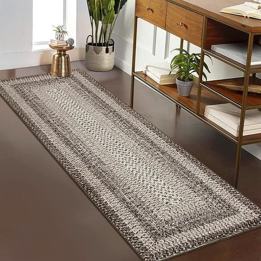 Imitation Braided Collection-Print Long Hallway Runners 2x10 Washable Area Rug, Farmhouse Rustic Bordered Area Rug Non Slip Soft Low Pile Indoor Carpet Runners for Entryways, Laundry Room