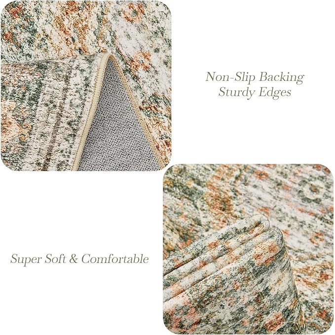 Washable Area Rug 8x10, Large Soft Rugs for Living Room Vintage 8x10 Area Rugs for Bedroom Dining Room Non-Slip Stain Resistant Under Table Green Orange Rug