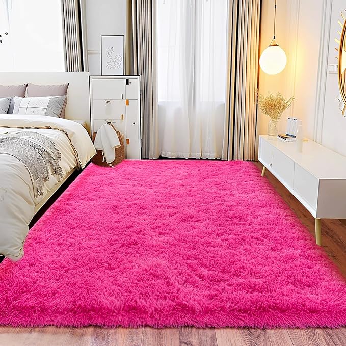 Shaggy 5x7 Area Rug, Shag Hot Pink Rug-Fuzzy Rugs for Living Room, Kids Boys Living Bedroom Decor - Modern High Pile Non Slip Area Rug