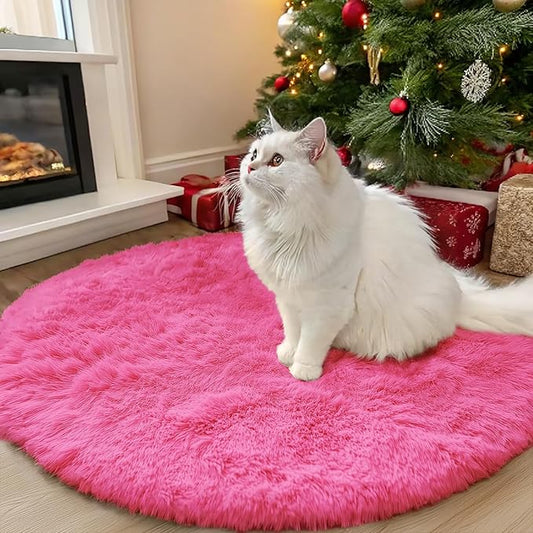 OLANLY Hot Pink Round Rugs for Bedroom - Machine Washable, 3x3 Feet Circle Area Rugs for Living Room, Soft and Fluffy Shaggy Carpet for Teen Girls and Boys, Nursery Rooms, Dorms, Home Decor Aesthetic