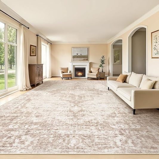 10x14 Area Rugs Washable Rug: Large Vintage Living Room Rug with Non-Slip Backing Low Pile Rugs Soft Indoor Floor Thin Carpet Neutral Carpets for Bedroom Dining Room Farmhouse Nursery Brown/Cream