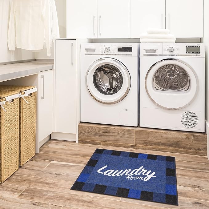 Ottomanson Machine Washable Checkered Border Laundry Room Rug Non-Slip Rubberback 2x3 Pack of 2 Laundry Area Rug for Laundry Room, Bathroom, Washroom, 26" x 35" - Pack of 2, Blue