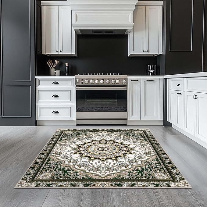 4x6 Area Rug Machine Washable Rugs Traditional Oriental Vintage White Dark Green Rug Non-Slip Low Pile Large Carpet for Home Kitchen Living Room Bedroom Dining Room Office