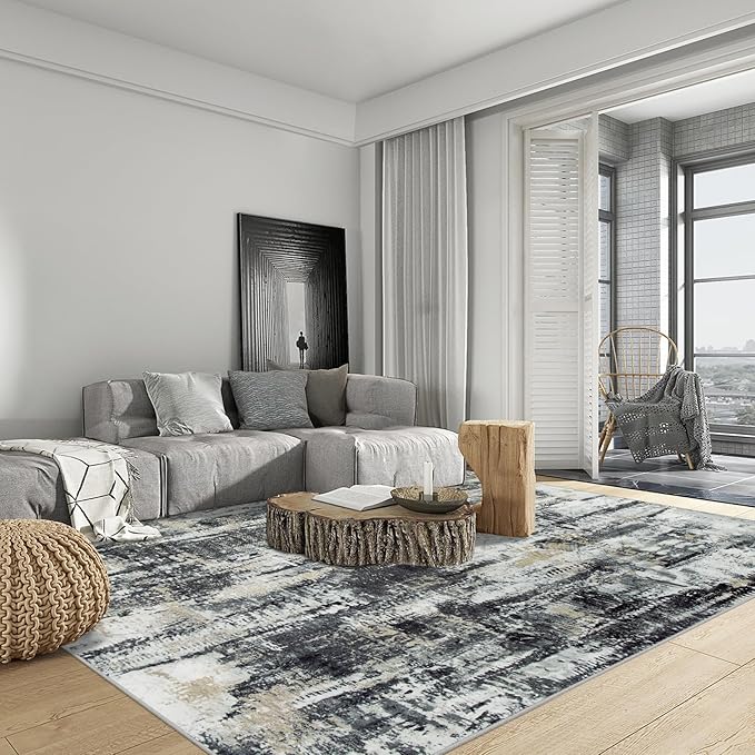 4x6 Area Rugs Washable Rug: Modern Abstract Living Room Rug Soft Anti-Skid Thin Carpet Indoor Floor Non-Shedding Carpets for Bedroom Dining Room Farmhouse Nursery Home Office Black Grey Gold