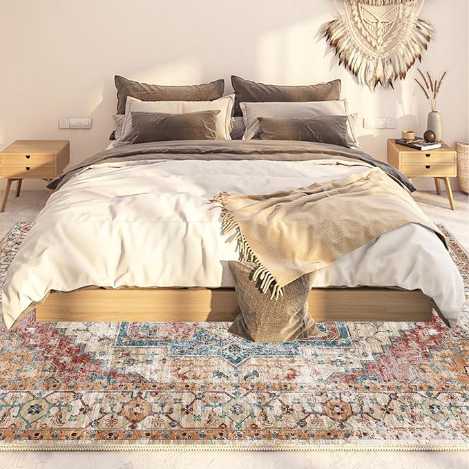 Yancorp 2'x3' Boho Throw Rug for Bedroom Non Slip Washable Rug Vintage Carpet Small Rug for Entrance Indoor Floor Mats Bedroom Kitchen Entryway Rug Bath Rug Orange