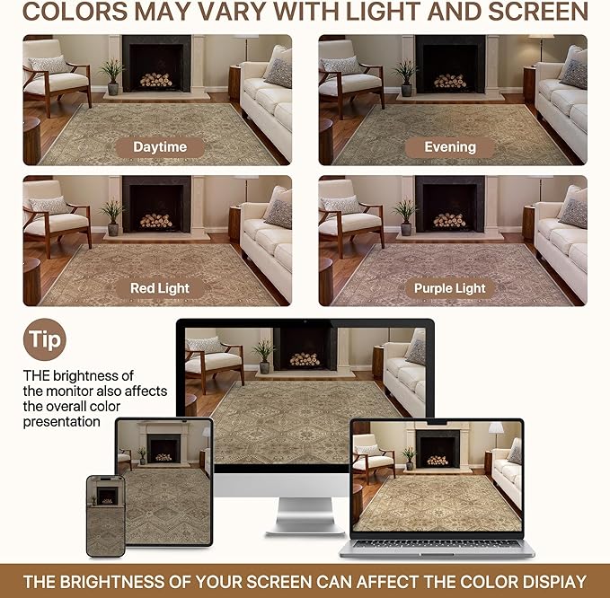 Bavni 10x14 Area Rugs for Living Room, Machine Washable Rug Non Slip, Vintage Chenille Distressed Print Carpet, Large Low Pile Ultra-Thin Lightweight Rugs for Bedroom, Dining Room, Office, Nut Brown