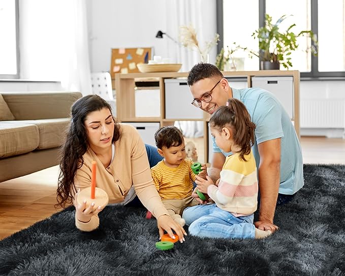 5x7 Rugs for Living Room, Large Fluffy Area Rugs for Bedroom, Soft Carpet Shag Kids Rug with 4 Non-Slip Rug Pads (Black Grey Tie-Dyed, 5ft x 7ft)