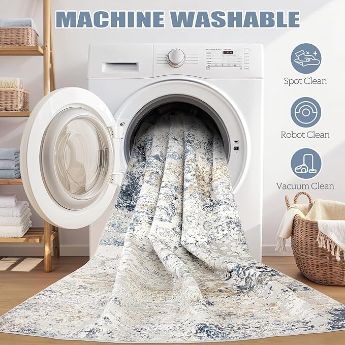 Washable Area Rug: 3x5 ft Abstract Small Rugs for Entryway Kitchen Living Room Bedroom - Non Slip Modern Neutral Carpet Indoor Front Door - Beige Blue
