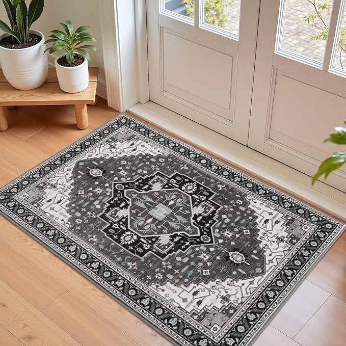 2x3 Black Grey Small Area Rug for Entryway, Soft Washable Rugs with Non-Slip Backing for Bedroom Kitchen, Vintage Throw Carpet Laundry Entry Front Door Decor