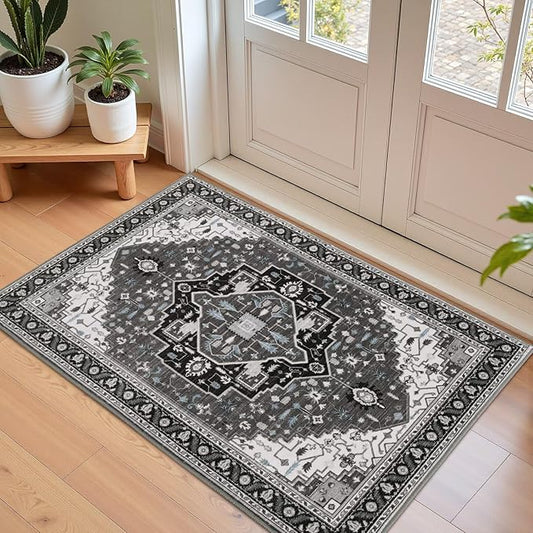 2x3 Black Grey Small Area Rug for Entryway, Soft Washable Rugs with Non-Slip Backing for Bedroom Kitchen, Vintage Throw Carpet Laundry Entry Front Door Decor