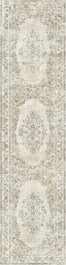 2x8 Runner Rug Beige Washable Hallway Kitchen Bedroom Vintage Distressed Bathroom Non Slip Medallion Floral Carpet Indoor Retro Throw Floor Mat for Office Dining Laundry Living Room