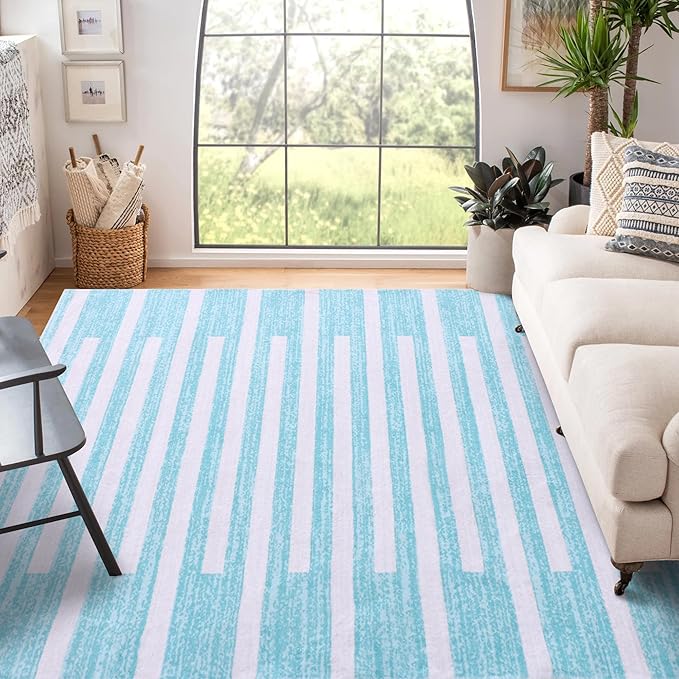 Carvapet Teal Rugs for Living Room, Soft Striped Modern Boho Low Pile Large Carpet with Rubber Backing, Foldable, Non Slip Machine Washable (10 x 8 Feet Rectangular, Teal Area Rug)