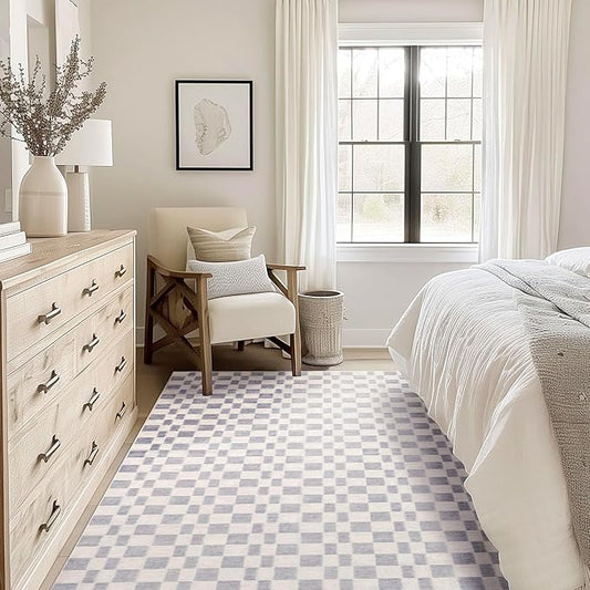 EVERGRACE Checkered Plaid Area Rug 9x12, Soft Fuzzy Faux Wool Rugs Washable Anti Slip Rugs Large Rug Carpet for Entryway Bedroom Living Room Hallway Kitchen Dining Room and Laundry Room, Light Gray