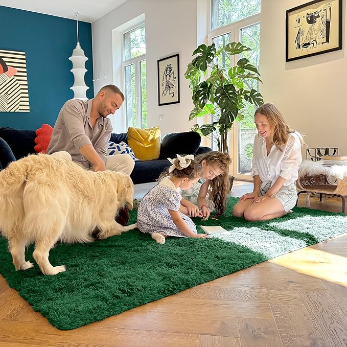 OLANLY 2x5 Machine Washable Runner Rugs for Hallway, Soft Fluffy Shaggy Bedside Rugs for Bedroom, Living Room, Indoor Floor Carpet for Kids Girls Boys, Nursery Rooms, Home Decor Aesthetic, Dark Green