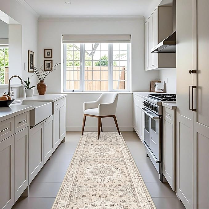 3x12 Hallway Washable Runner Rug: Vintage Non-Shedding Living Room Carpet Distressed Low Pile Floor Mats for Kitchen Bedroom Thin Non-Slip 12ft Indoor Rugs for Entryway Nursery Room (3x12,Cream/Beige)
