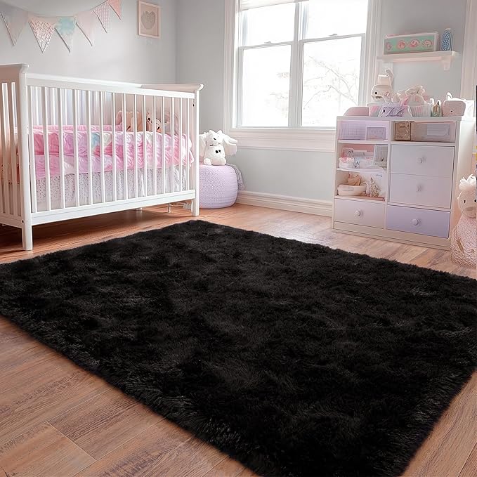 6x9 Fluffy Fuzzy Area Rug for Living Room Bedroom, Ultra Soft Large Living Room Rugs, Non Slip Thick Shag Rug for Dorm, Kids Girls Boys Rug for Home Decor Aesthetic, Black