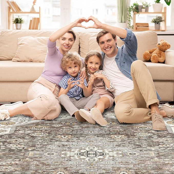 Washable Area Rug 9x12 - Bedroom Living Room Large Indoor Rugs Soft Oriental Vintage Rugs Non-Slip Backing Stain Resistant for Farmhouse Kitchen (9x12 Brown)