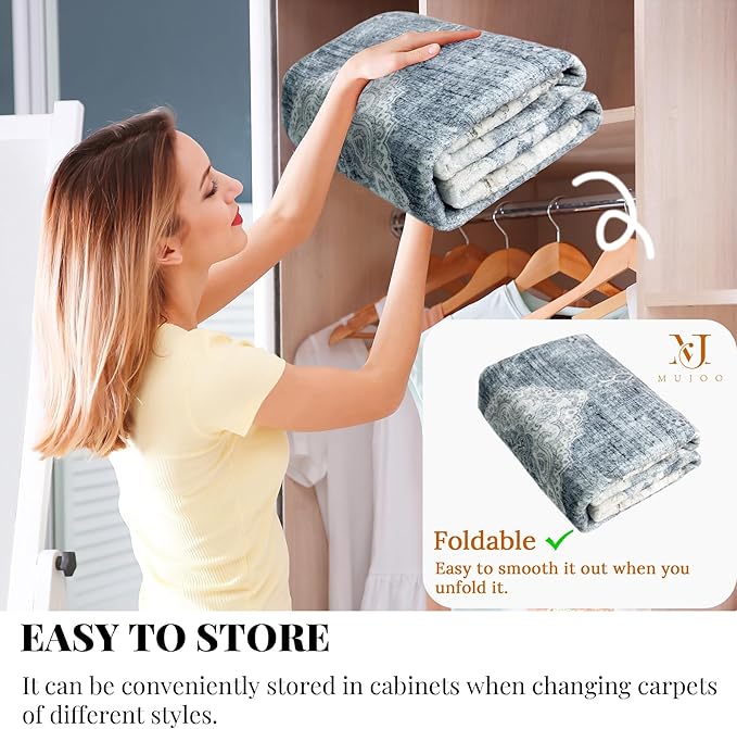 MUJOO Boho Rug 3'x5' Blue Grey Rugs Machine Washable Area Rug Small Non Slip Throw Rugs for Entryway Bedroom Bedside Kitchen Hallway Living Room Laundry Room Indoor Carpet Soft Low-Pile Floral