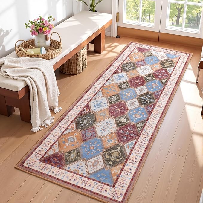 2x6 Washable Kitchen Runner Rug, Brown Boho Non-Slip Bedroom Rugs, Moroccan Floral Trellis Hallway Carpet Soft Low Pile Vintage Indoor Mat for Entryway Bedside Bathroom