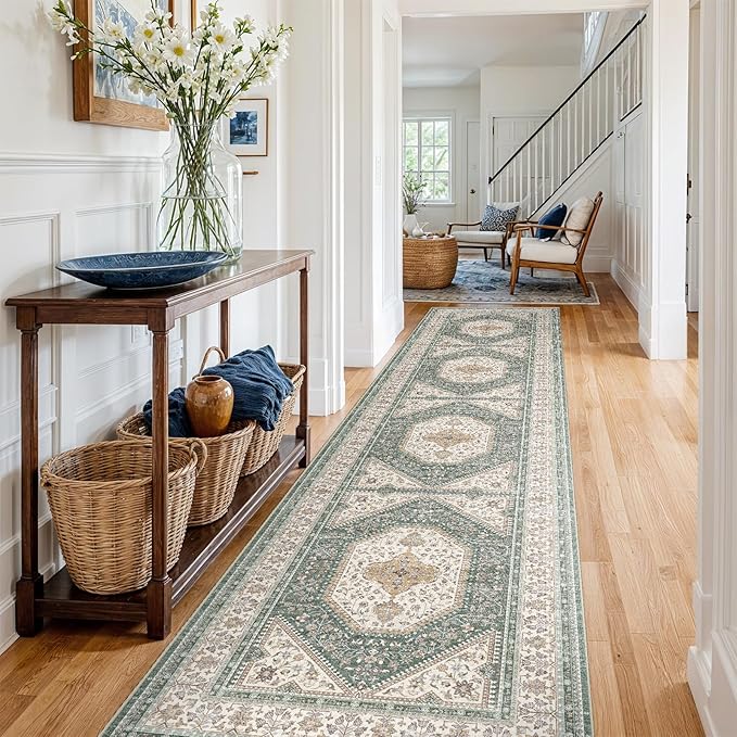 3x14 Runner Rug for Hallway Washable: Non Slip Kitchen Rugs with Rubber Backing Soft Waterproof Mats Stain Resistant Indoor Vintage Carpet Runner for Bedroom Bathroom Laundry Entryway Green/Beige