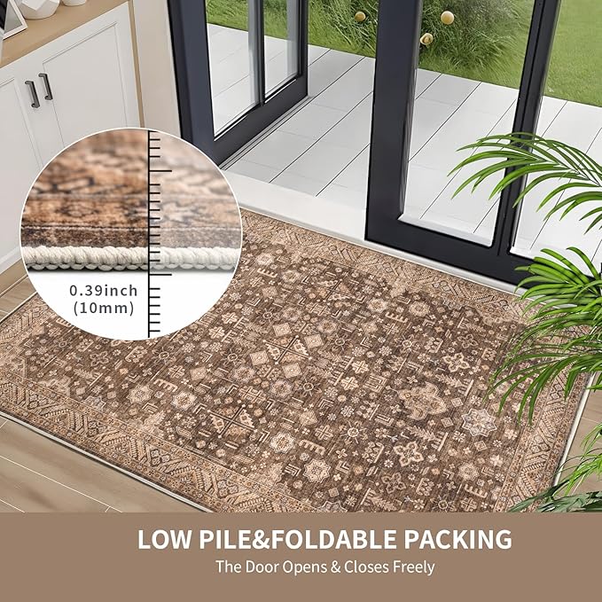 Vintage Washable Area Rug for Living Room,Low Pile 6x9 Non Slip Carpet Non-Shedding Area Rug Soft Indoor Stain Resistant Rug Floral Print Mat for Bedroom Dining Room Brown