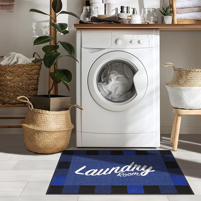 Ottomanson Machine Washable Checkered Border Laundry Room Rug Non-Slip Rubberback 2x3 Pack of 2 Laundry Area Rug for Laundry Room, Bathroom, Washroom, 26" x 35" - Pack of 2, Blue
