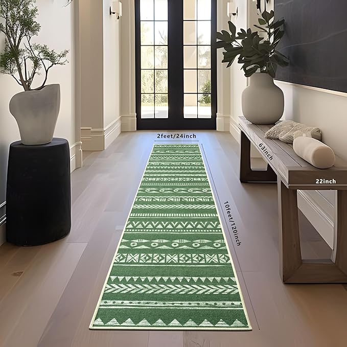 Runners for Hallways Kitchen Runner Rug Non Slip 2x10 Long Washable Runner Rugs Tear and Stain Resistance, Hand Woven Style, No Pile, Printed Rug for Hallways, Kitchen, Bedroom- Green