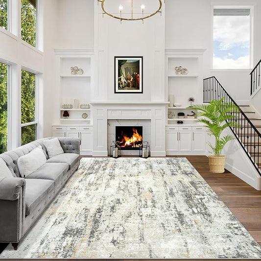10x14 Area Rugs Washable Rug: Modern Abstract Living Room Rug Soft Anti-Skid Thin Carpet Indoor Floor Non-Shedding Carpets for Bedroom Dining Room Farmhouse Nursery Home Office Grey Brown