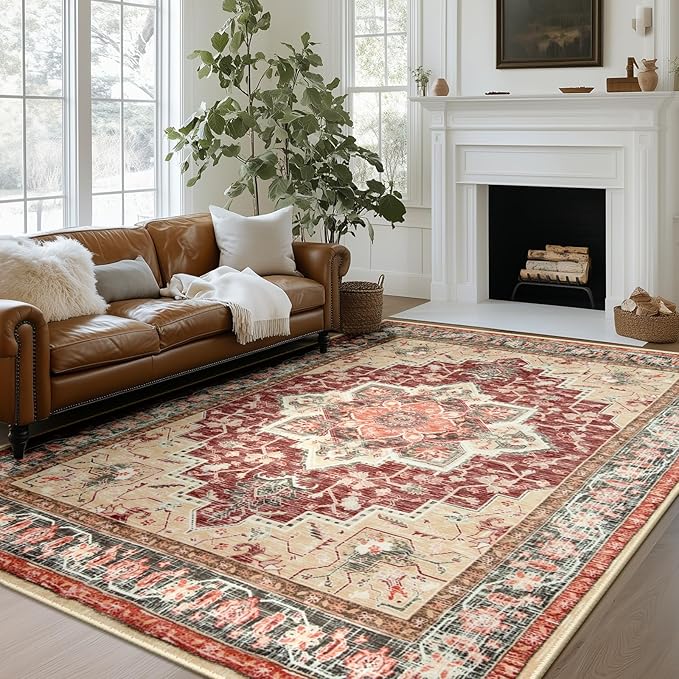 BESTSWEETIE 6x9 Area Rugs for Living Room, Washable Ultra Soft Boho Vintage Print Pattern Rug Non Slip Low Pile Carpet for Dining Room Bedroom Entryway Indoor-Wine/Natural/Red/Black