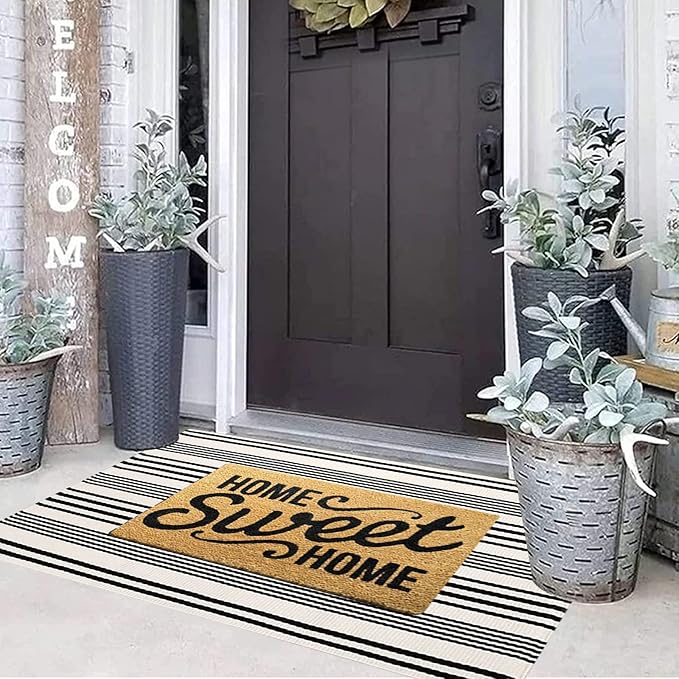 Black and White Striped Outdoor Rug 24'' x 51''Farmhouse Front Porch Mat Hand-Woven Machine Washable Layered Door Mats for Entryway/Bedroom