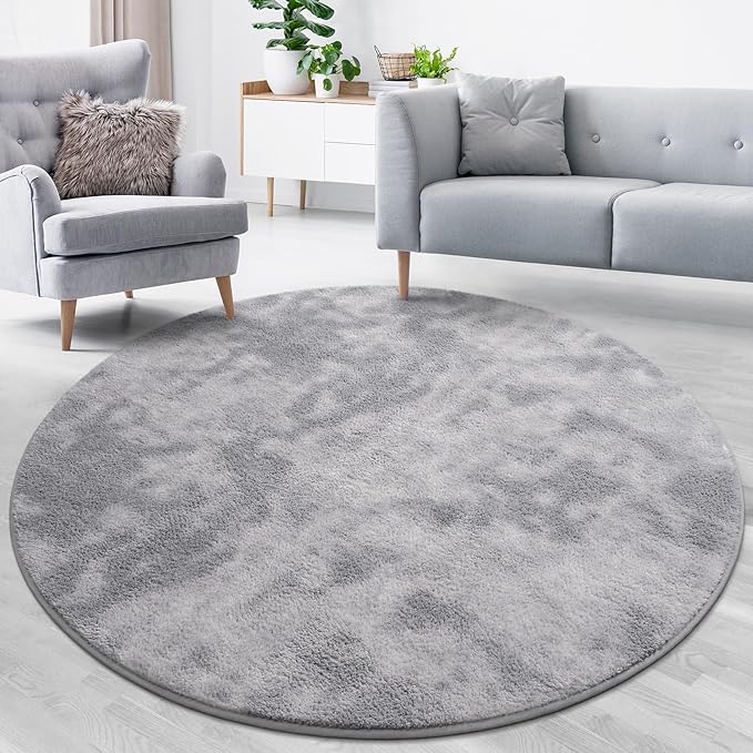 Lascpt Round Rug for Bedroom 6x6, Tie-Dyed Grey Circle Rug for Living Room Super Soft Thicken Memory Foam Circular Rug, Indoor Area Rug for Modern Home Decor, Round Carpet for Nursery Kid's Room