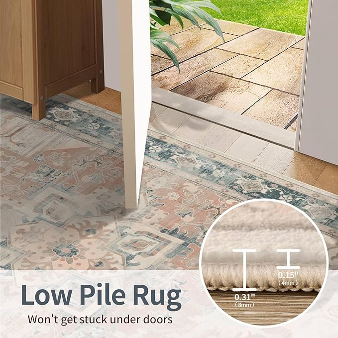 2x5 Hallway Runner Rug, Non Slip Boho Runner Rugs Kitchen, Entrance, Bathroom, Laundry Room, Soft Low Pile Carpet, Throw Retro Imitation Wool Carpet, Coral(Blue&Orange)