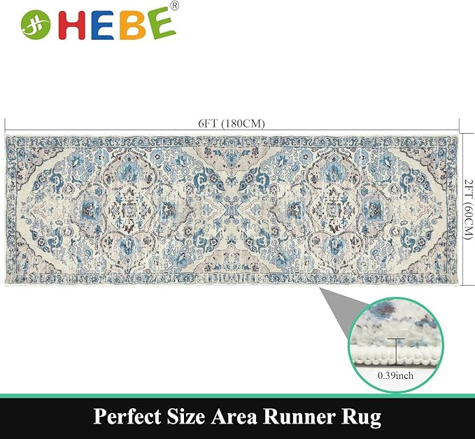 HEBE Hallway Runner Rug 2'x6' Washable Vintage Distressed Area Rugs Non Slip Laundry Rug Runner Boho Floor Carpet Runners for Hallways Entryway Laundry Room Kitchen Bathroom