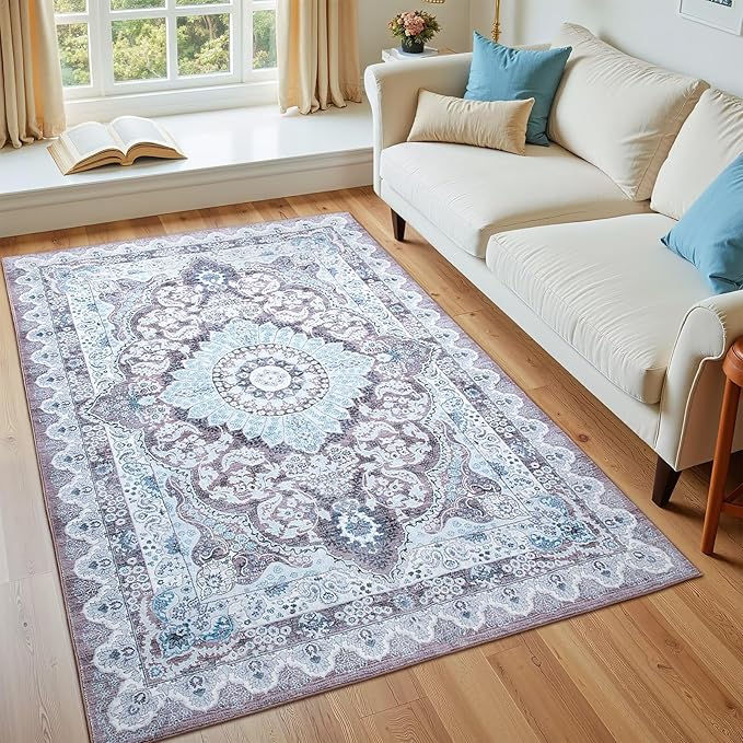 4x6 Area Rug for Bedroom, Machine Washable Rugs with Non-Slip Backing for Living Room, Soft Vintage Carpet Kitchen Laundry Kids Room Decor, Blue & Brown