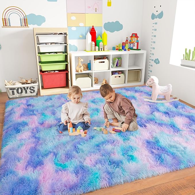 Large Area Rugs 9x12 Living Room, Plush Thick Carpets for Boy and Girls Room, Modern Soft Shag Rug for Bedroom, Non Slip, Indoor Carpet for Nursery Dorms Home Decor Aesthetic, Purple Rainbow