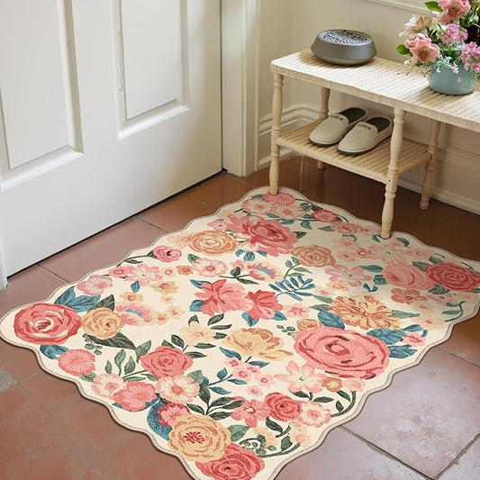 Washable Floral Area Rug 2x3 Beige Small Entryway Carpet Scalloped Flower Non Slip Soft Entrance Door Mat Farmhouse Low Pile Indoor Thin Floor Cover for Bathroom Kitchen Bedroom Laundry Room