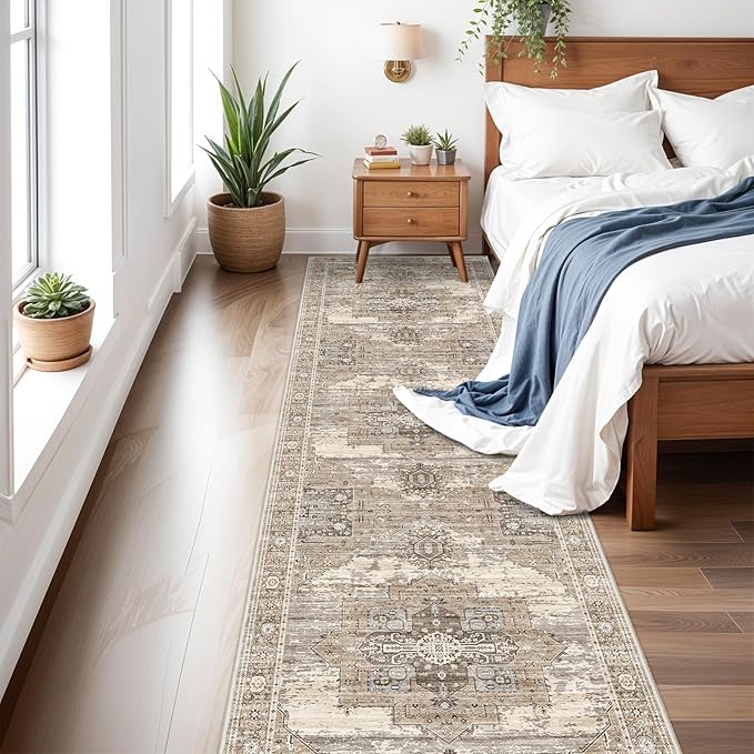 RUUGME Washable 3X14 Runner Rugs - Large Boho Rugs for Living Room Stain Resistant Carpet Vintage Tribal Rugs for Bedroom Kitchen Bathroom Non Slip Backing Home Decor Floor Decoration Mat 3X14 Beige
