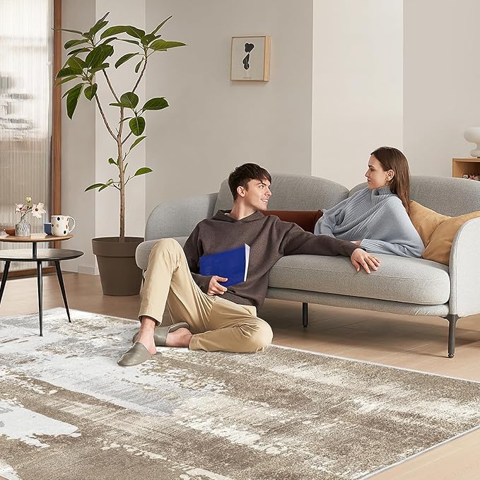Washable Rug Low Pile Modern Bedroom Area Rug 8x10 Non-Slip Backing Home Decor No Shedding Lightweight Abstract Large Carpet for Dining Room Living Room Office, Brown