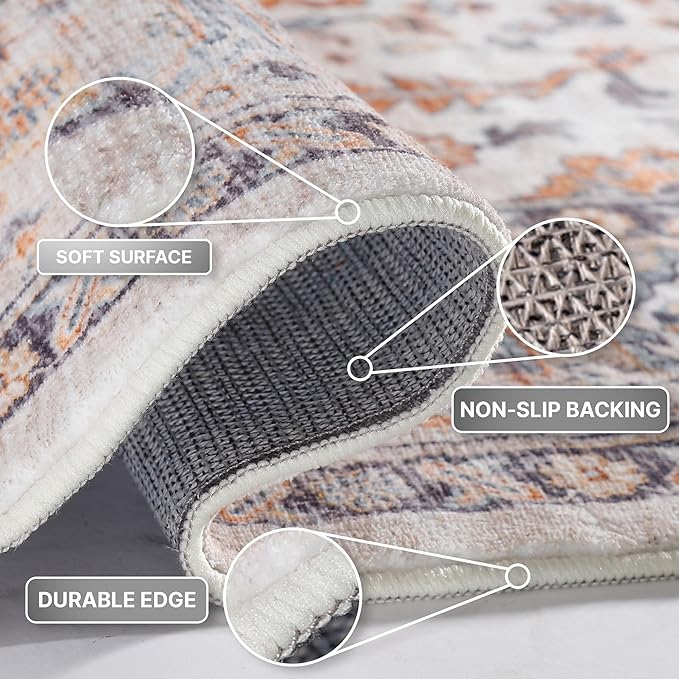Beige Area Rug for Bedroom & Living Room - Washable, Non-Slip, Foldable, Low Pile, 5x7