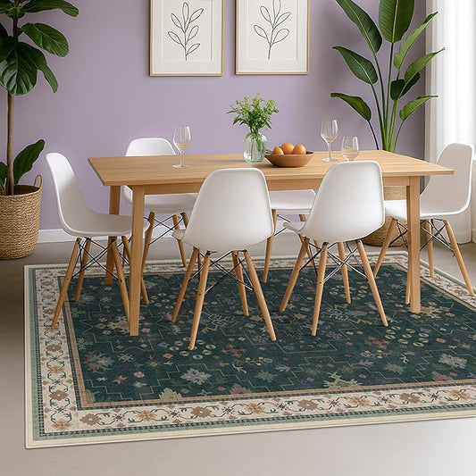 Vintage Dark Green 7x9 Dining Room Rugs for Under Kitchen Table - Washable Livinig Room Rug - Unique Floral Pastel Low Pile Non-Slip Area Rugs for Bedroom