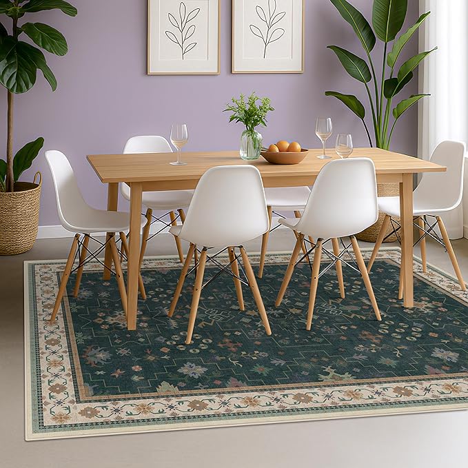 Vintage Dark Green 6x9 Dining Room Rugs for Under Kitchen Table - Washable Livinig Room Rug - Unique Floral Pastel Low Pile Non-Slip Large Area Rugs for Bedroom