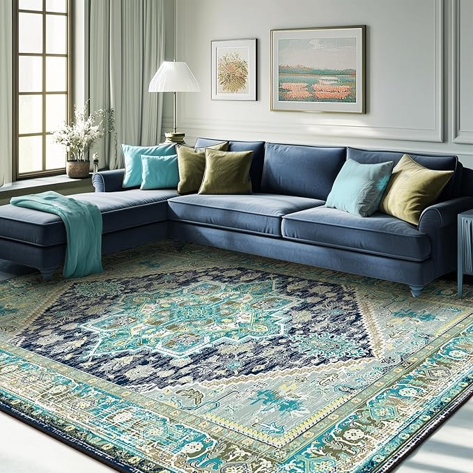 BESTSWEETIE 6x9 Area Rugs for Living Room Washable Non Slip Carpet Low Pile Soft Vintage Print Pattern Rug for Bedroom Dining Room Kitchen Entryway Indoor-Teal/Navy/Green/Yellow