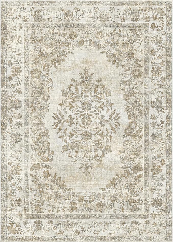 5x7 Area Rug Beige Washable Vintage Distressed Living Room Carpet Large Bedroom Indoor Medallion Floral Non Slip Retro Throw Floor Mat for Office Dining Room Kitchen Bathroom