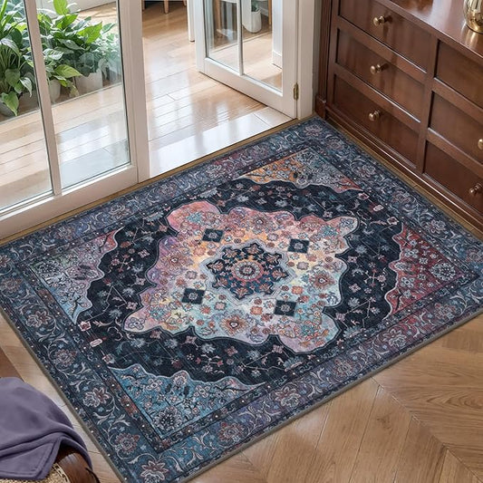 2x3 Vintage Rug, Entryway Rug with Non Slip Rug Backing, Washable Rug Low Pile Indoor Small Area Rug for Front Door Entrance Kitchen Bedroom Bathroom, Blue/Multi Retro Doormat Carpet
