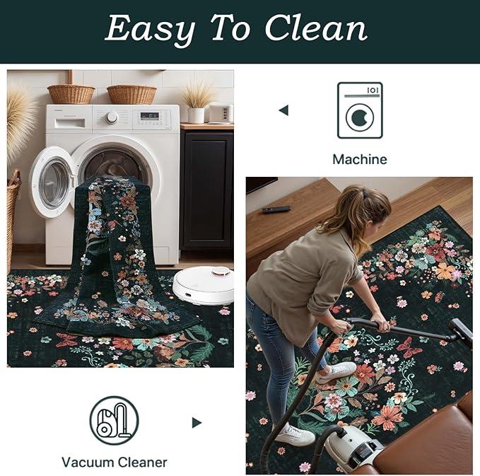 2x3 Floral Entryway Rugs Indoor Washable Rug, Black Kitchen Rugs Non Slip Bathroom Rugs Vintage Throw Rugs, Boho Front Door Rug Small Area Rugs for Bedroom Bedside Entry Entrance Sink