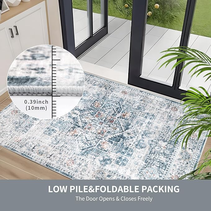 Hallway Runner Rug 2x10 Washable Area Rugs, Vintage Floral Rug Soft Non Slip Stain Resistant Boho Floor Carpet Runners for Hallways Entryway Laundry Room Kitchen, and Bedroom White Blue