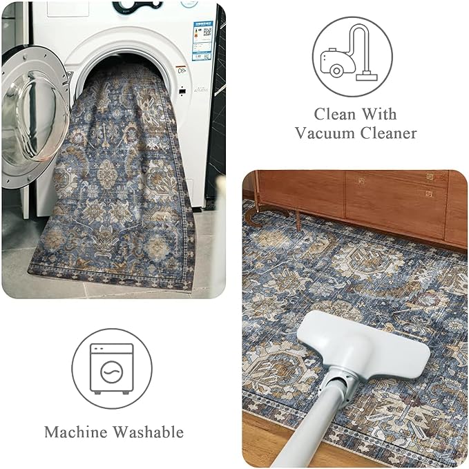 Washable Area Rugs - Perfect for Living Room, Bedroom, Kids Room, Nursery - Stain & Water Resistant Non-Slip, Pet & Child Friendly, Vintage Tribal Area Rugs (Navy, 8' x 10')