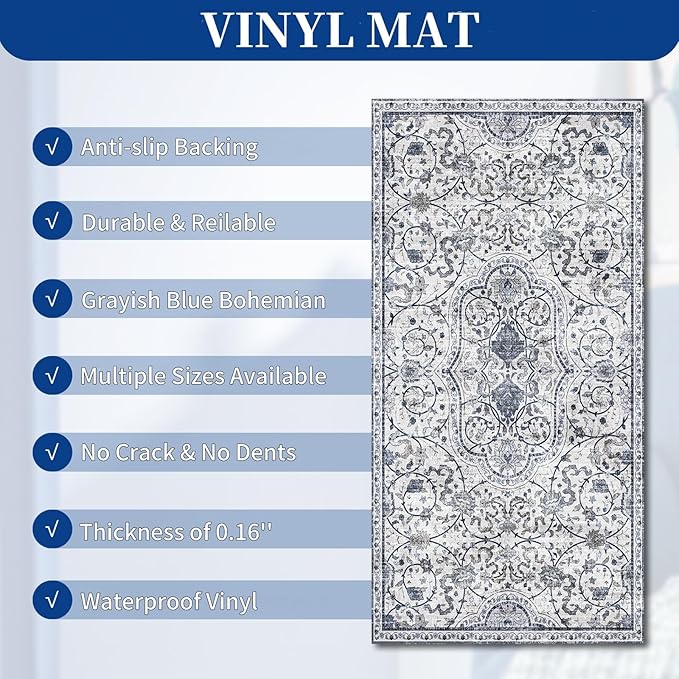 SALLOUS Runner Rug for Hallway, 6x2ft Vinyl Floor Mat for Hallway, Non-Slip Kitchen Mat for Home, Waterproof Area Rug for Bathroom, Entryway (Grayish Blue, Bohemian-Style)